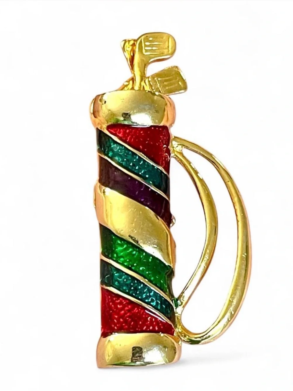 Vintage Enamel Kinetic Golf Bag Brooch Pin Red Green Gold Articulated Club Retro